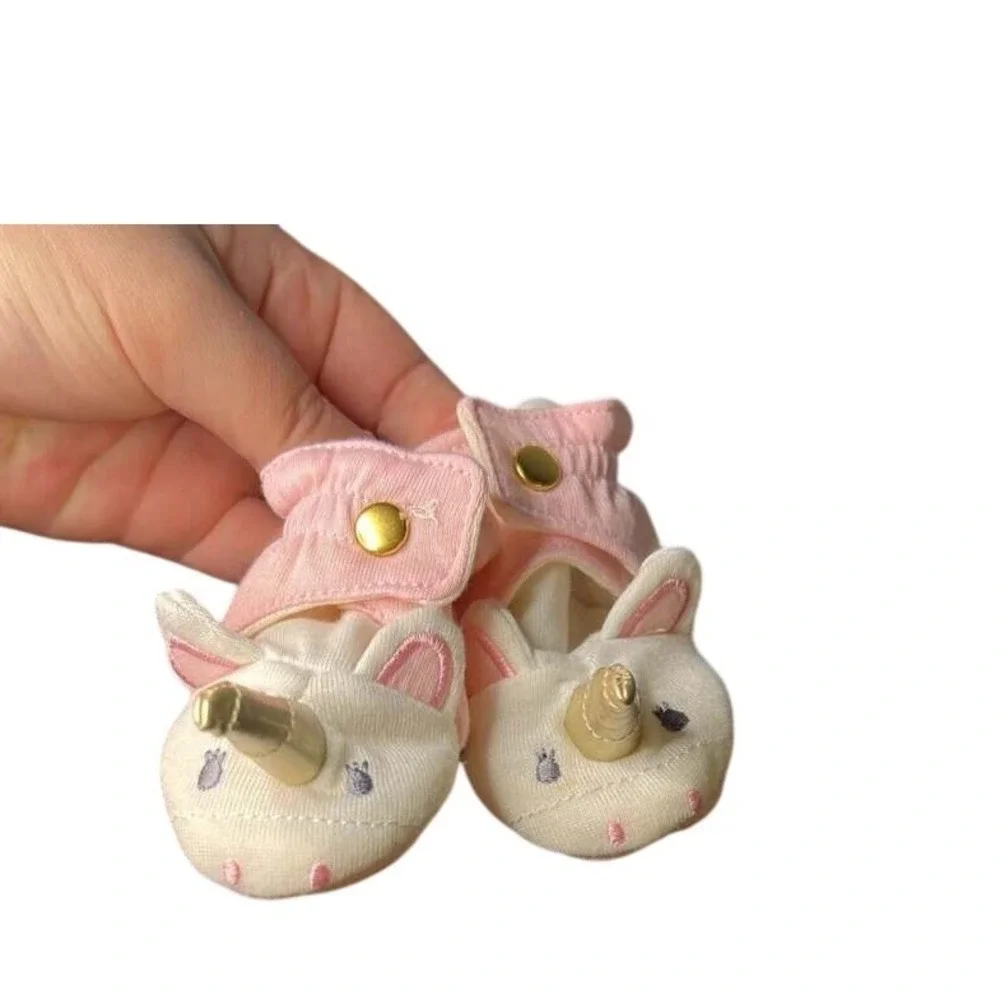 Unicorn Baby Booties Pink Gold Horn Soft Sole Snap Shoes‎ 0-3M 0-6M